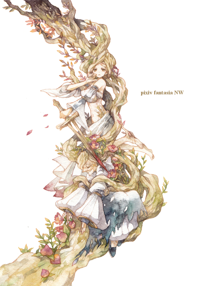 2girls, dryad, flower, ina_(gonsora), long_hair, multiple_girls, old_woman, original