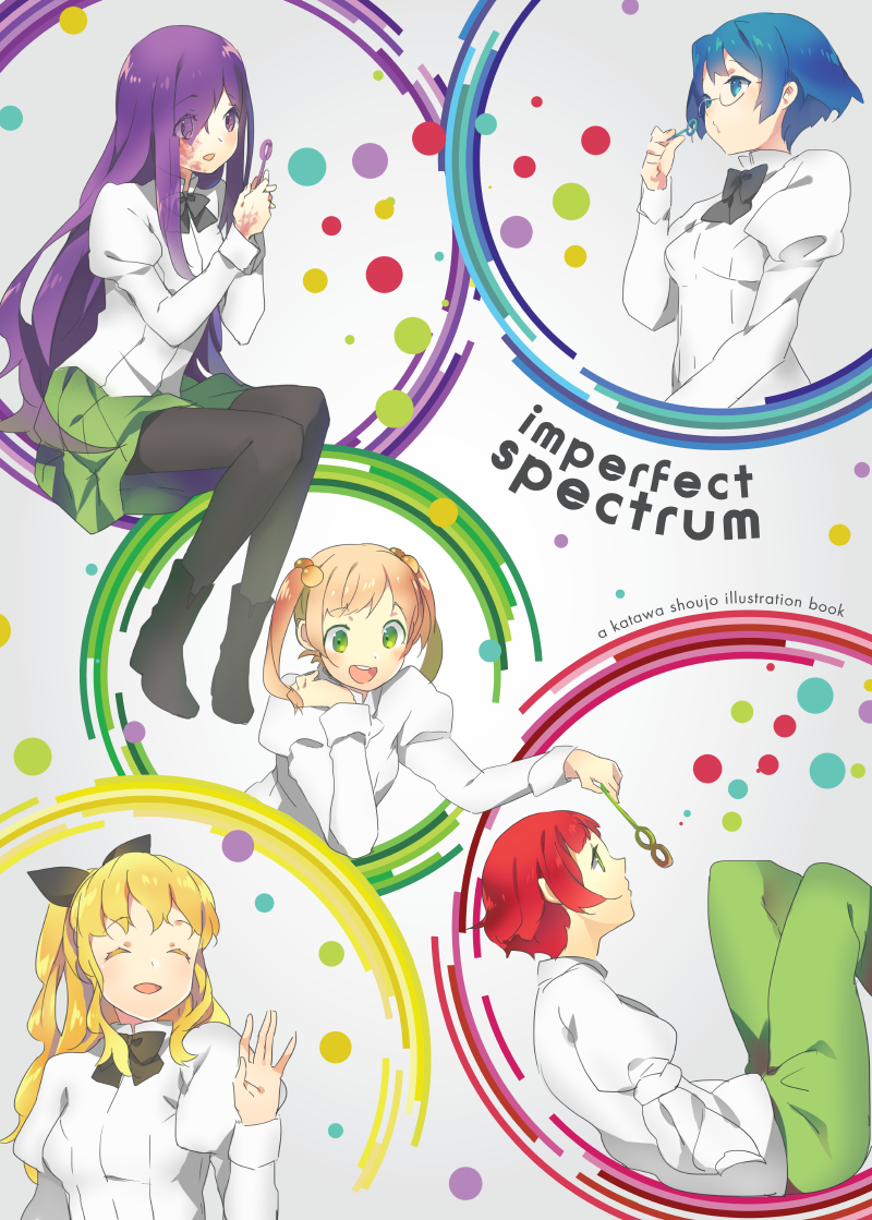5girls, amputee, artbook, black_legwear, blonde_hair, blue_eyes, blue_hair, brown_hair