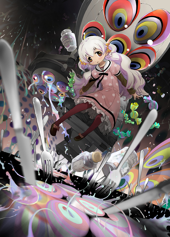 1girl, bed, bon_bon, candy, dress, eyes, fork, frills