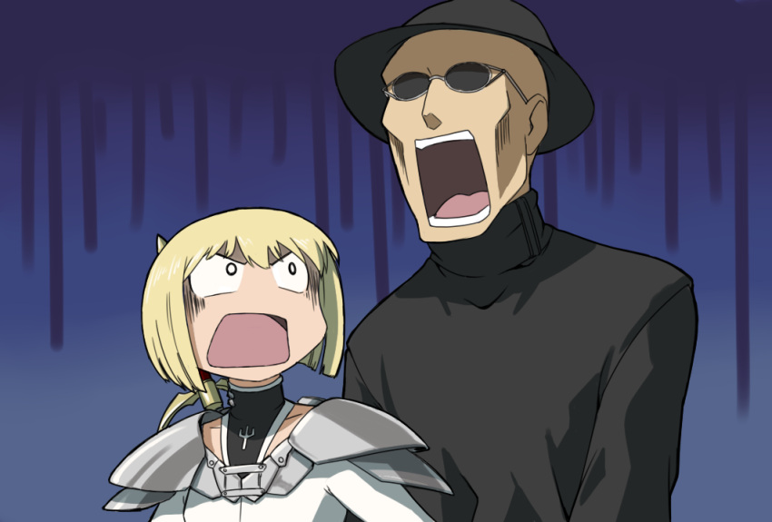 1boy, 1girl, armor, azumanga_daioh, blonde_hair, bob_cut, clare_(claymore), claymore
