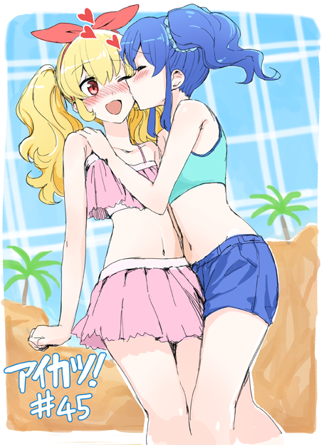 2girls, :d, aikatsu!, bare_shoulders, bikini, blonde_hair, blue_hair, blush