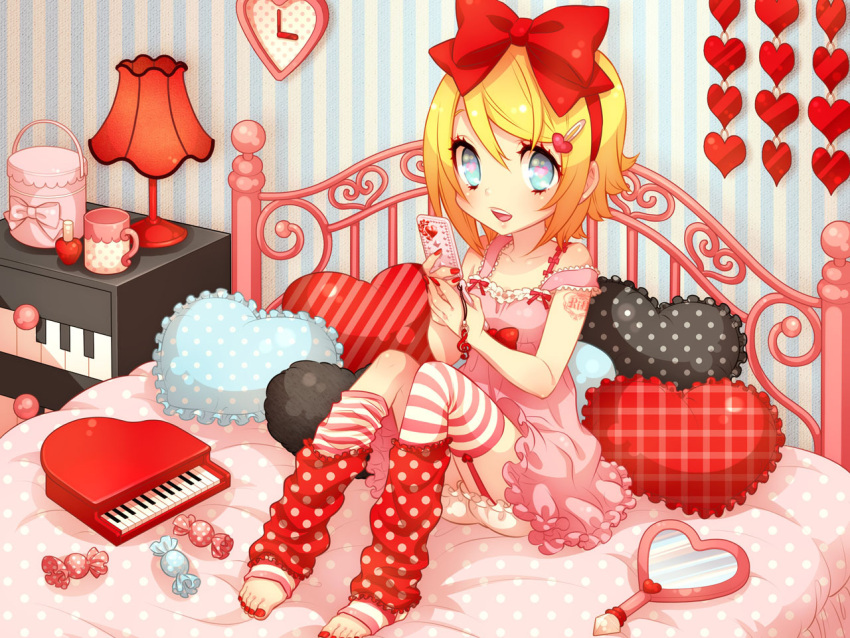 bed, blonde_hair, bloomers, blue_eyes, box, candy, cellphone, cosmetics