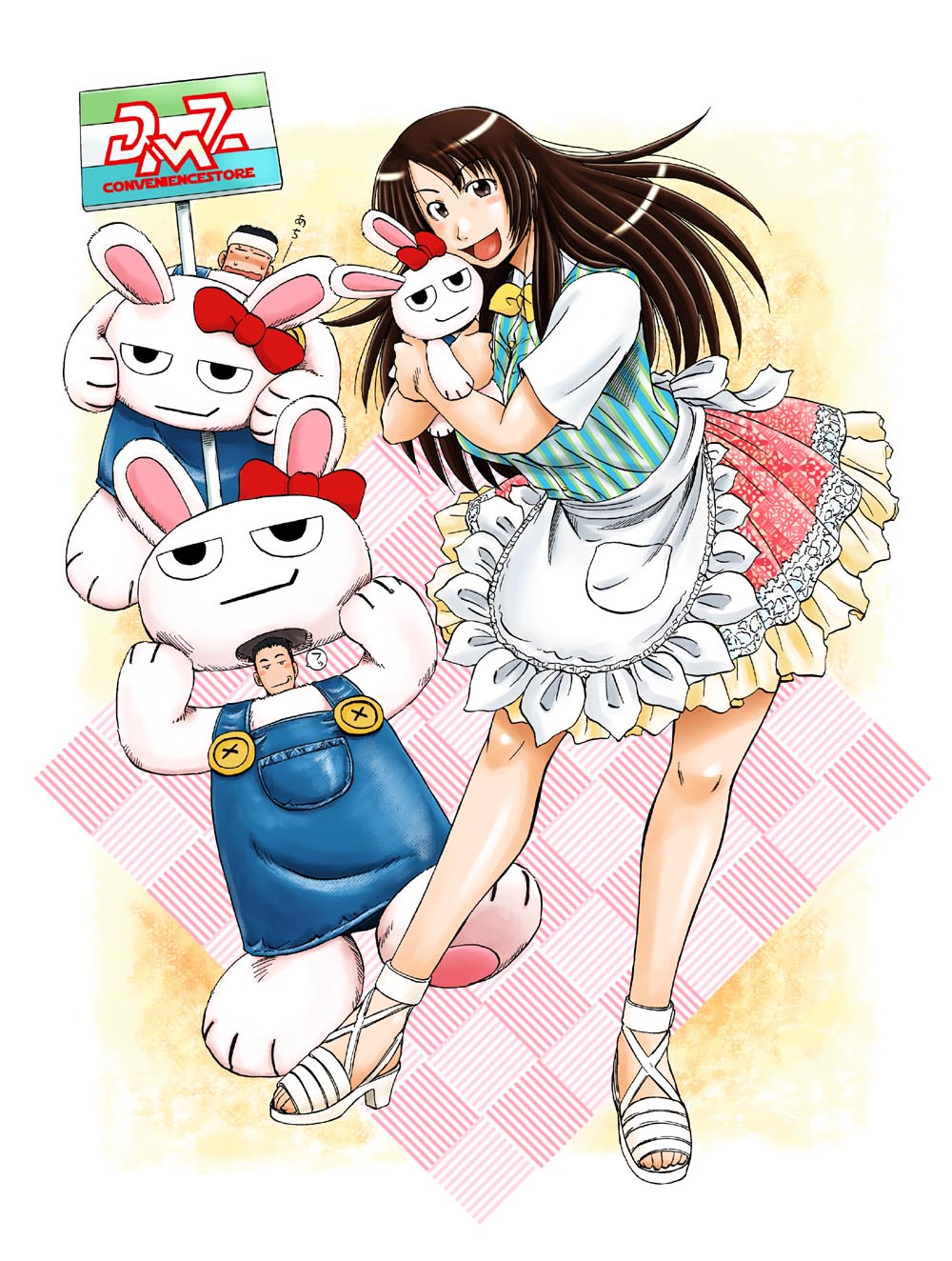 1girl, 2boys, animal_costume, apron, blush, breasts, brown_eyes, brown_hair