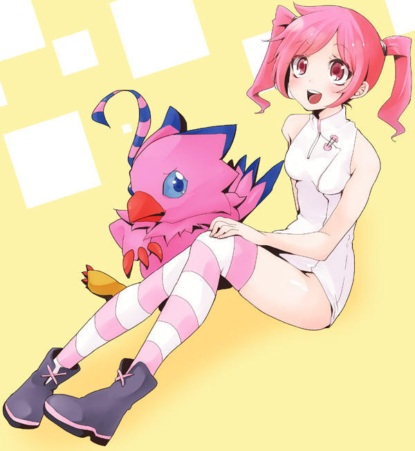 1girl, bare_shoulders, biyomon, chorimokki, digimon, digimon_world_re:digitize, pink_hair, red_eyes