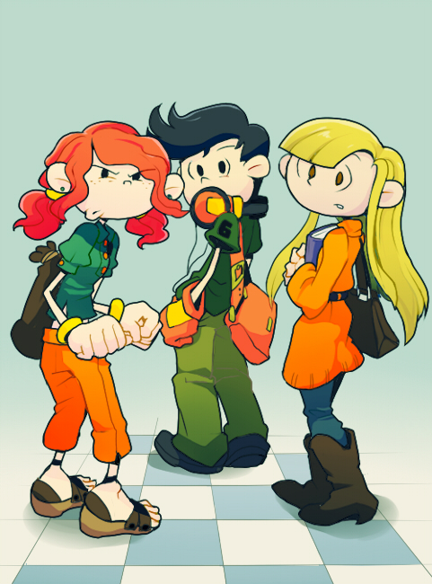 1boy, 2girls, bag, bangs, black_hair, blonde_hair, blunt_bangs, book, boots, bracelet, brown_eyes, capri_pants, checkered, codename:_kids_next_door, cowboy_boots, earrings, fanny_fulbright, freckles, gloves, handbag, headphones, jewelry, long_hair, looking_at_viewer, looking_back, low_twintails, midriff, multiple_girls, narrowed_eyes, parted_lips, patton_drilovsky, rachel_t._mckenzie, rachel_t_mckenzie, redhead, sandals, short_twintails, simple_background, squinted_eyes, squinting, standing, sweater, t_k_g, tagme, teenage, twintails, wavy_hair, white_background