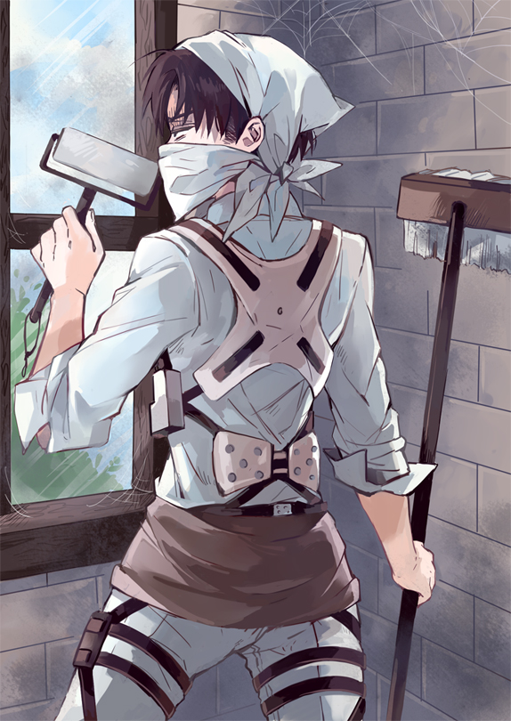 1boy, bandana, bandana_over_mouth, belt, black_hair, buckle, cleaning_brush, levi_(shingeki_no_kyojin)