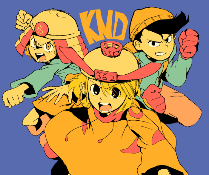 1boy, 2girls, backpack, bag, beanie, black_hair, blonde_hair, clenched_hands