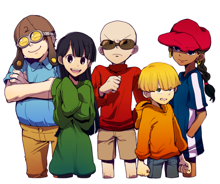 2girls, 3boys, ^_^, abigail_lincoln, bald, bangs, black_eyes, black_hair