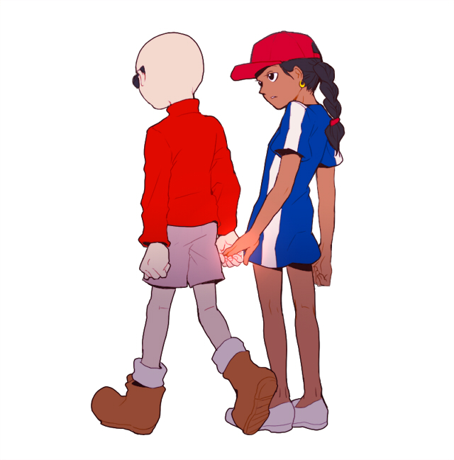 1boy, 1girl, abigail_lincoln, bald, black_hair, braid, clenched_hand, codename:_kids_next_door