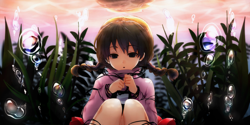 1girl, bound_legs, bound_wrists, braid, brown_hair, bubble, corpse, death