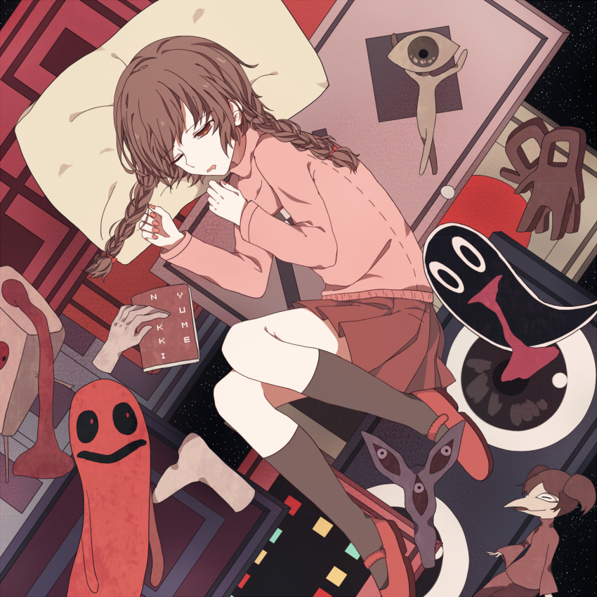 1girl, braid, brown_eyes, brown_hair, character_request, disembodied_limb, drooling, highres