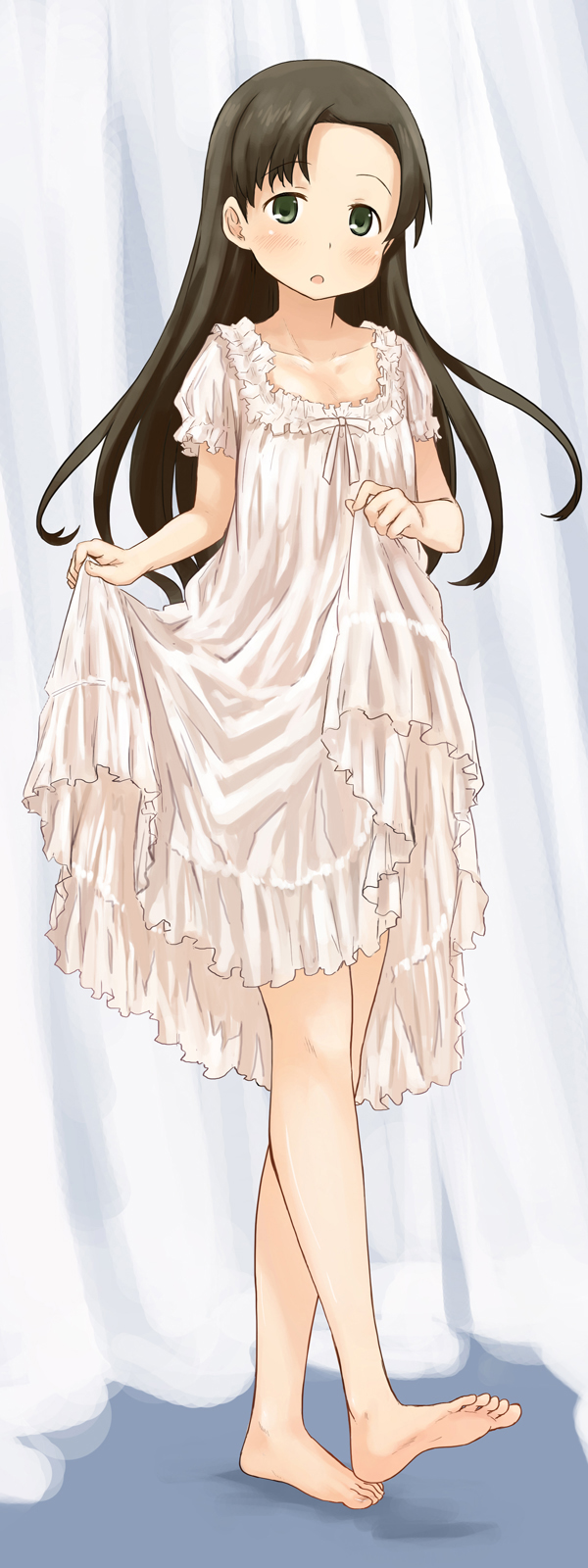1girl, :o, abe_kanari, ayanami_(kantai_collection), barefoot, black_eyes, black_hair, blush