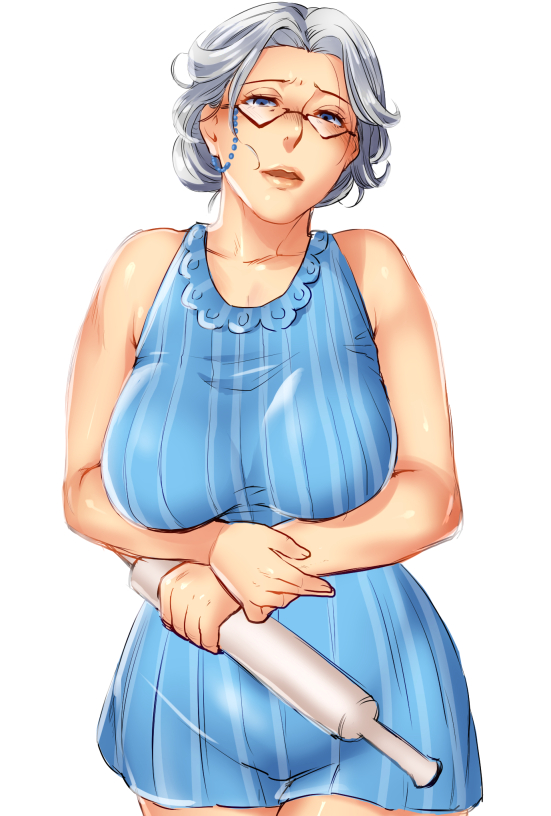 1girl, age_regression, breasts, cookie_clicker, dress, glasses, grandma_(cookie_clicker), grey_hair
