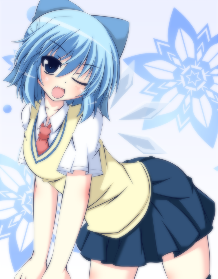 1girl, alternate_costume, bent_over, blue_eyes, blue_hair, bow, cirno, fang