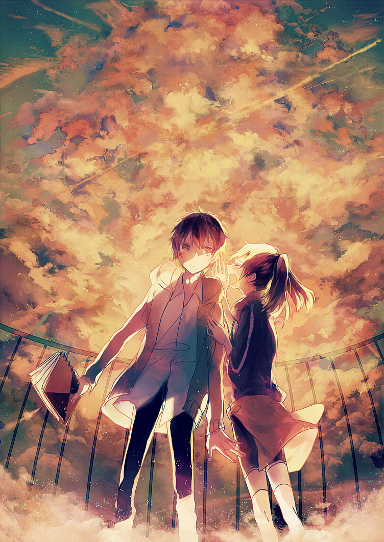 1boy, 1girl, black_hair, ene_(kagerou_project), hoodie, kagerou_project, konoha_(kagerou_project), leclle