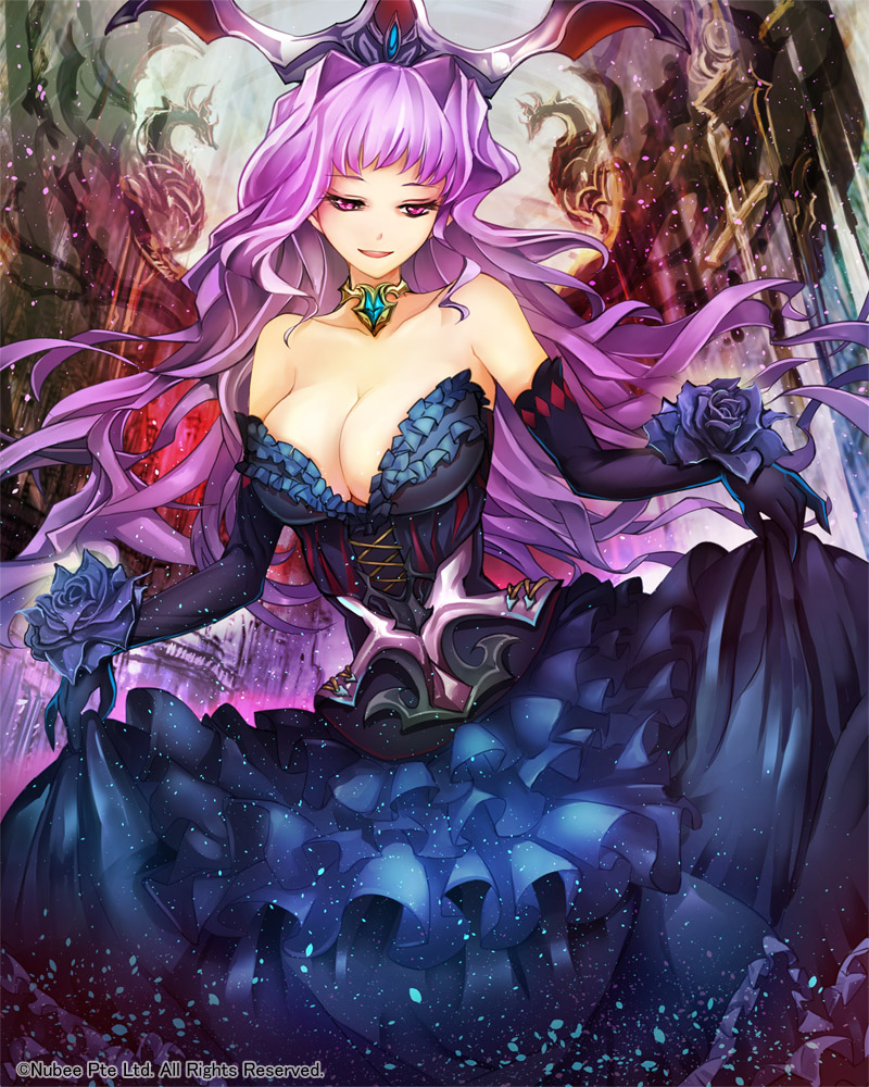 1girl, bare_shoulders, breasts, cleavage, dress, elbow_gloves, flower, gloves