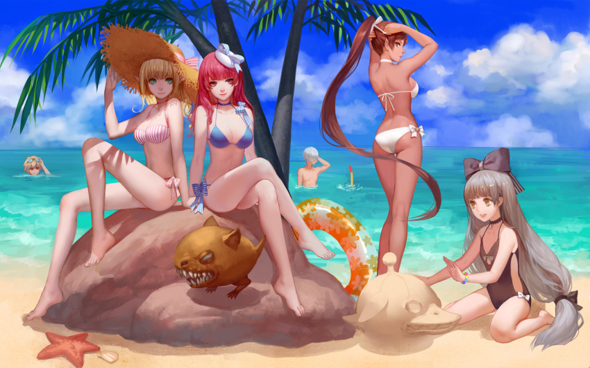 2boys, 4girls, academic_(dragon_nest), adjusting_hair, archer_(dragon_nest), asukaziye, bikini, blonde_hair, blue_bikini, bow, breasts, brown_eyes, brown_hair, cleric_(dragon_nest), dragon_nest, green_eyes, grey_hair, hair_bow, hat, highres, kali_(dragon_nest), long_hair, monster, multiple_boys, multiple_girls, ocean, one-piece_swimsuit, open_mouth, pink_bikini, pink_hair, ponytail, poochum, red_eyes, short_hair, silver_hair, sky, smile, snorkel, sorceress_(dragon_nest), straw_hat, striped, striped_bikini, striped_swimsuit, swimsuit, tree, warrior_(dragon_nest), white_bikini, white_swimsuit, yellow_eyes