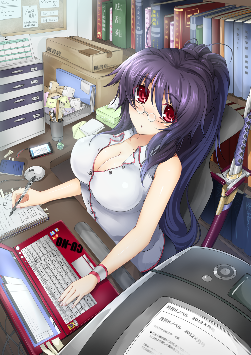1girl, blush, book, bookshelf, breasts, cabinet, cellphone, cleavage