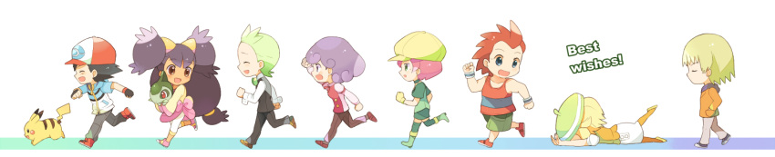 4boys, 4girls, ash_ketchum_(pokemon), axew, baseball_cap, bel_(pokemon), big_hair, black_hair