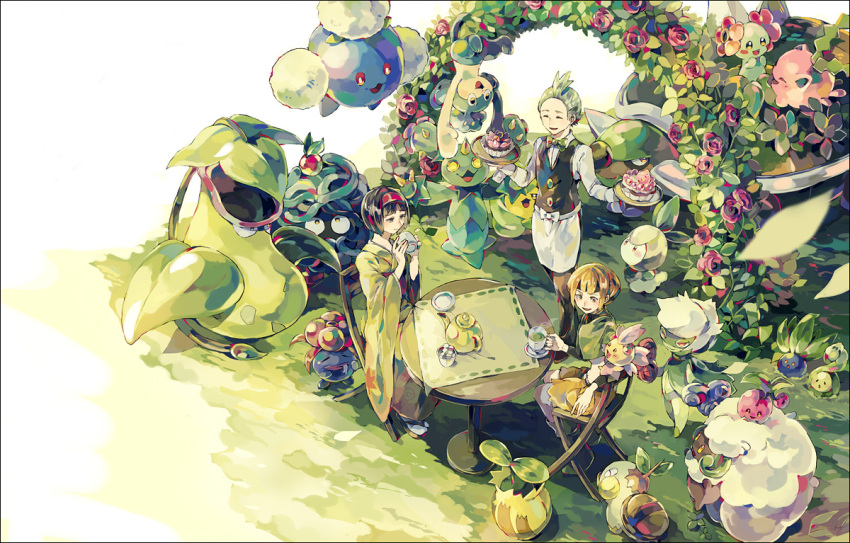 1boy, 2girls, apron, bellossom, black_hair, budew, cake, chair