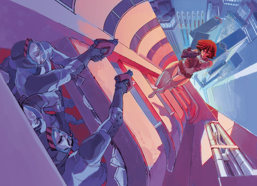 black_hair, bodysuit, cityscape, cover, elbow_gloves, falling, gloves, gun