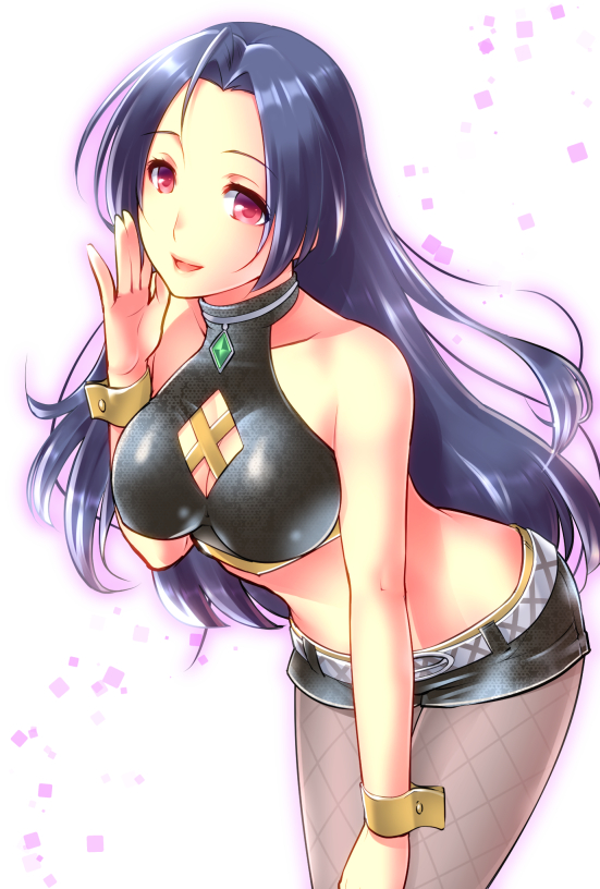 1girl, blue_hair, fishnet_pantyhose, fishnets, idolmaster, kawai_fuguri, leaning_forward, long_hair