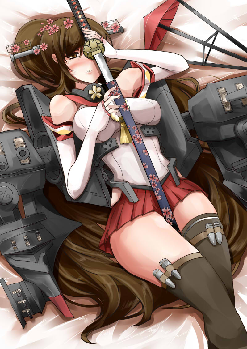 1girl, bare_shoulders, blush, breasts, brown_eyes, brown_hair, brown_legwear, cannon, flower, hair_flower, hair_ornament, japanese_clothes, kantai_collection, katana, long_hair, lying, personification, ponytail, skirt, smile, solo, sword, tenko_(gintenko), thighhighs, turret, very_long_hair, weapon, yamato_(kantai_collection)