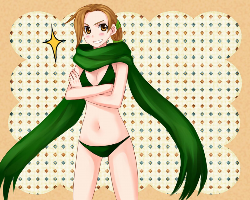 1girl, 74, bikini, blush, breasts, brown_eyes, brown_hair, cath, cleavage, crossed_arms, fire_emblem, fire_emblem:_fuuin_no_tsurugi, midriff, ponytail, scarf, short_hair, short_ponytail, smirk, smug, solo, sparkle, swimsuit