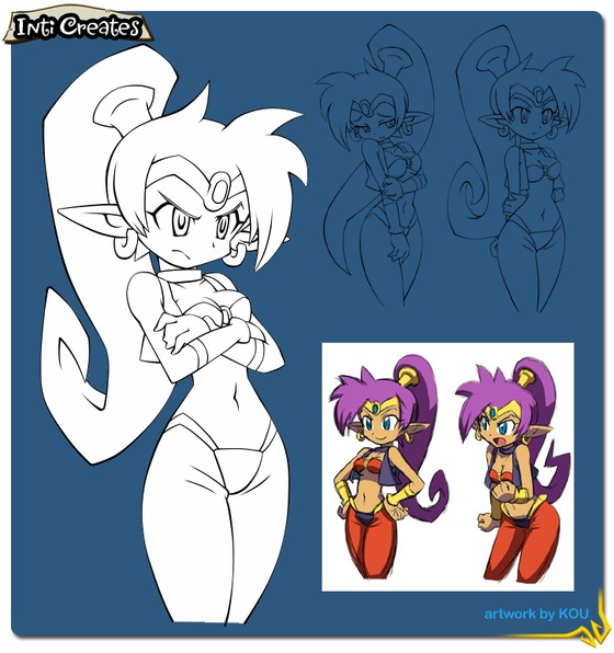1girl, arabian_clothes, arms_behind_back, breasts, concept_art, crossed_arms, dark_skin, earrings, frown, hands_on_hips, harem_pants, hoop_earrings, jewelry, long_hair, pointy_ears, ponytail, purple_hair, shantae, shantae_(character), shy, smile, solo, tiara, very_long_hair, yabe_makoto