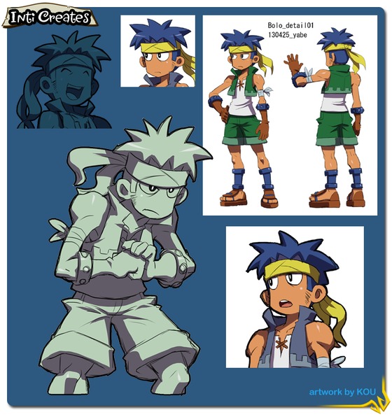1boy, barefoot_sandals, blue_hair, bolo_(shantae), concept_art, cracking_knuckles, dark_skin, elbow_gloves