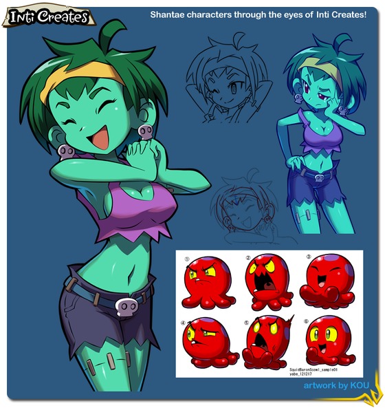 1girl, ahoge, breasts, cleavage, concept_art, cutoffs, earrings, green_hair, green_skin, hairband, hand_on_hip, happy, jewelry, midriff, navel, octopus, red_eyes, rottytops, shantae, short_hair, shorts, sideboob, stitches, tank_top, yabe_makoto, zombie