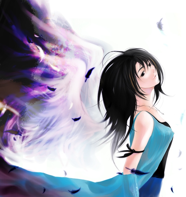 angel_wings, black_eyes, detached_sleeves, eni, eni_(yoyogieni), feathers, final_fantasy, final_fantasy_viii, jewelry, long_hair, necklace, rinoa_heartilly, wings