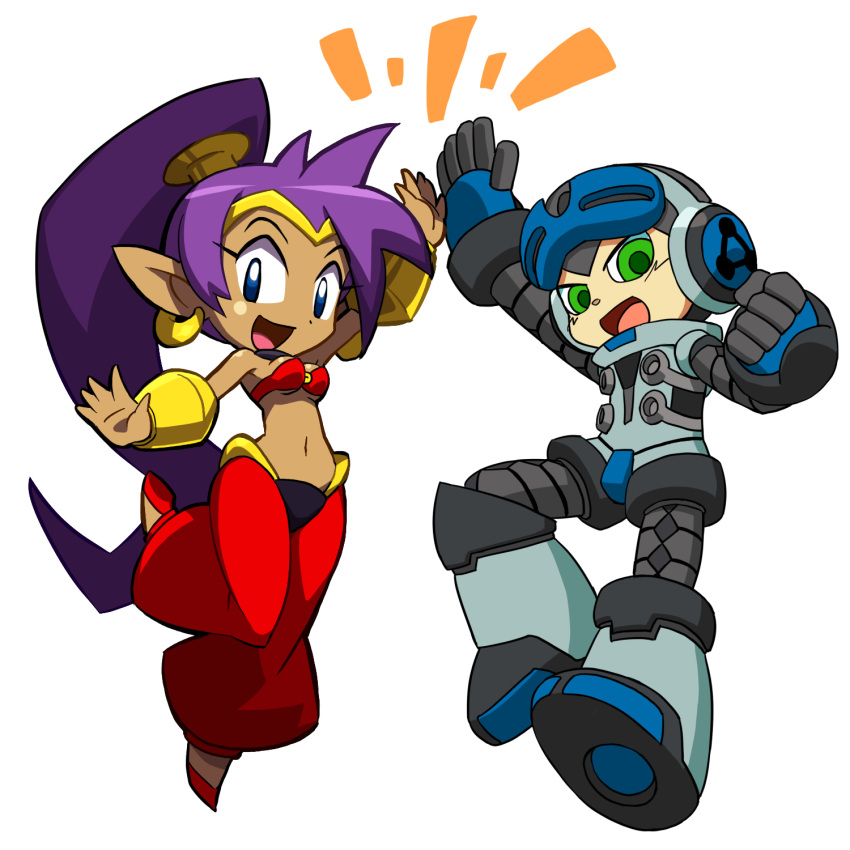1boy, 1girl, beck_(mighty_no._9), company_connection, crossover, dark_skin, earrings, green_eyes