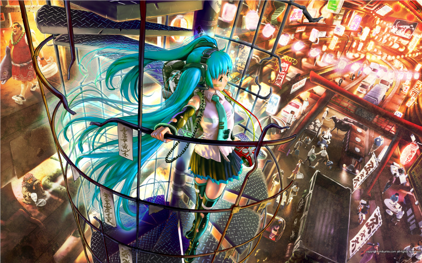 aqua_hair, blue_hair, cityscape, detached_sleeves, hatsune_miku, headphones, highres, legs