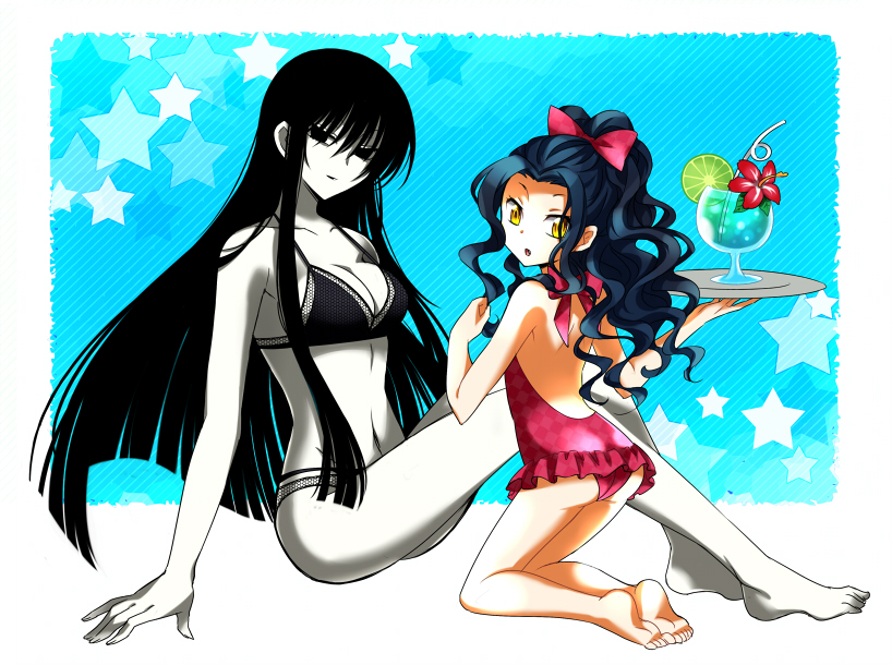 2girls, :o, arm_support, ass, bikini, black_eyes, black_hair, blueness_(michikusakan), bow, breasts, cleavage, daughter_of_kyoukotsu, drink, feet, flower, hagoromo_gitsune, hair_bow, kneeling, long_hair, multiple_girls, navel, nurarihyon_no_mago, one-piece_swimsuit, pale_skin, sitting, star, swimsuit, tray