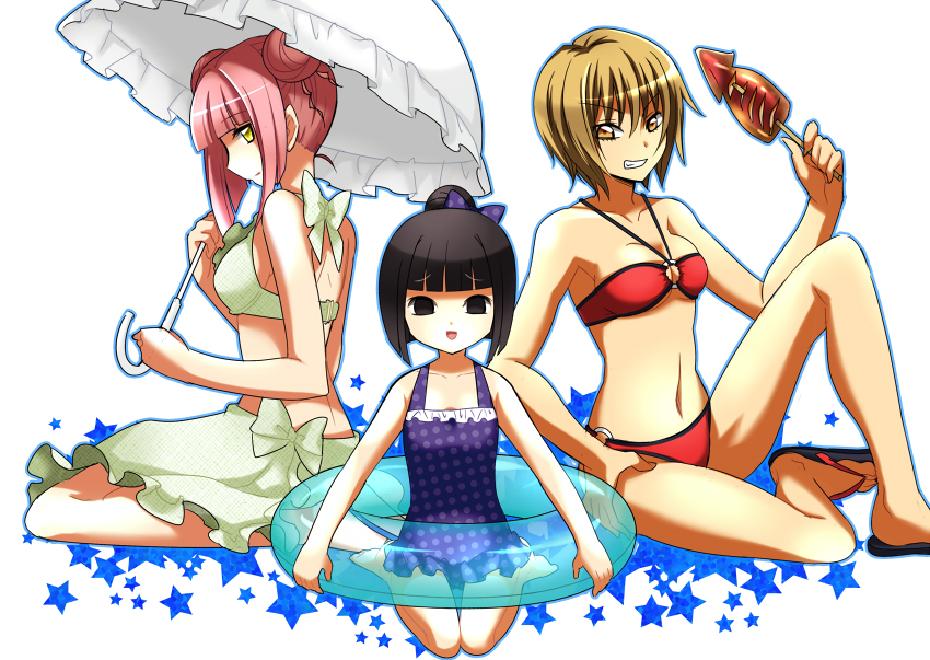 3girls, awashima, bikini, black_eyes, black_hair, blonde_hair, blueness_(michikusakan), bow