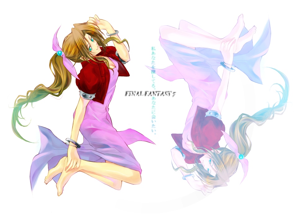 aerith_gainsborough, barefoot, blue_eyes, bracelet, brown_hair, dress, eni, feet