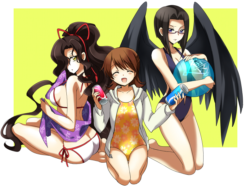 3girls, :d, ^_^, ass, ball, beachball, bikini, black_hair