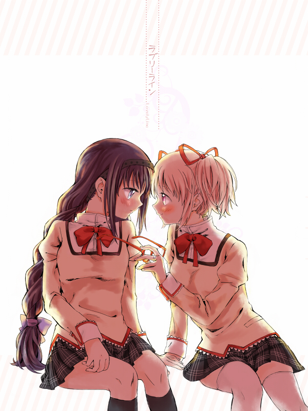 2girls, akemi_homura, black_hair, blush, braid, couple, cover, cover_page