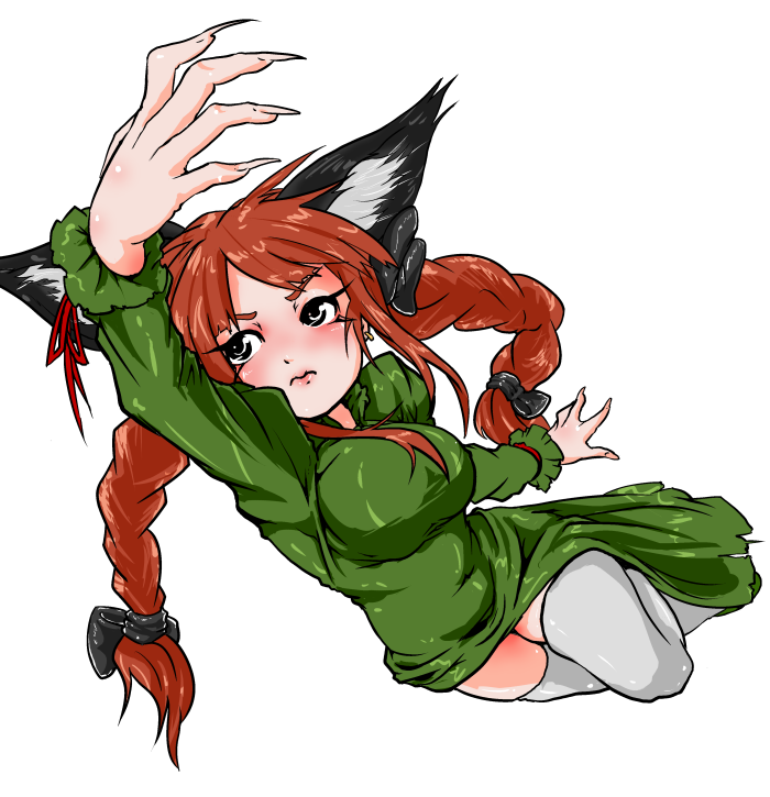 1girl, animal_ears, attack, black_bow, bow, braid, breasts, cat_ears