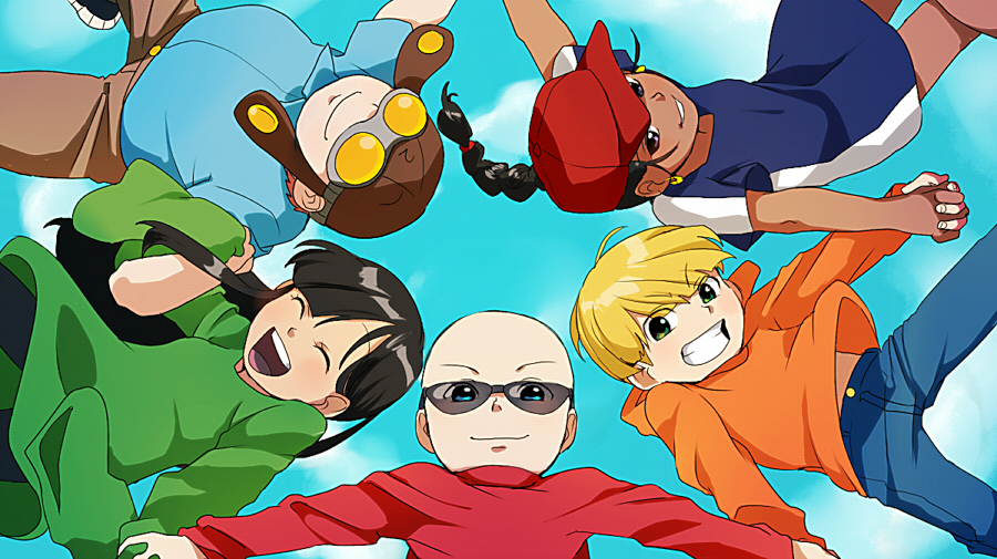 2girls, 3boys, ^_^, abigail_lincoln, bald, black_hair, blue_eyes, braid