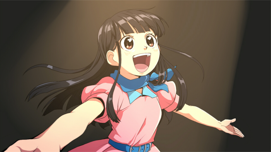 1girl, alternate_costume, ascot, belt, black_background, black_hair, brown_eyes, codename:_kids_next_door
