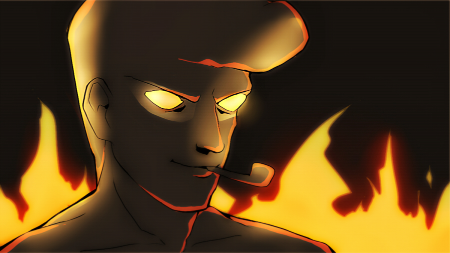 1boy, codename:_kids_next_door, father_(knd), fire, male, no_pupils, pipe, shadowed, smile, smoking_pipe, solo, t_k_g, yellow_eyes