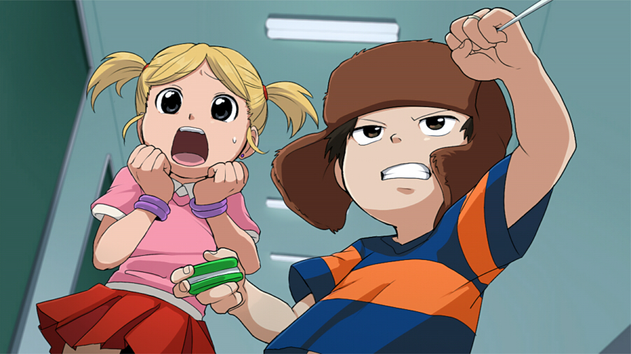 1boy, 1girl, black_eyes, black_hair, blonde_hair, bracelet, brown_eyes, clenched_hands, clenched_teeth, codename:_kids_next_door, earrings, from_below, jewelry, lee_(knd), open_mouth, parted_lips, short_twintails, skirt, sonya_(knd), sweatdrop, t_k_g, twintails, yo-yo