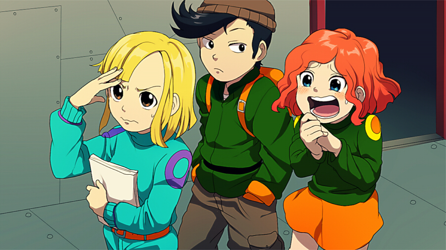 backpack, bag, black_hair, blonde_hair, blue_eyes, blush, brown_eyes, codename:_kids_next_door, fanny_fulbright, freckles, hand_to_forehead, hands_clasped, hands_in_pockets, looking_at_another, open_mouth, orange_hair, paper, patton_drilovsky, rachel_t._mckenzie, rachel_t_mckenzie, skirt, sweatdrop, t_k_g, walking, wavy_hair, wavy_mouth
