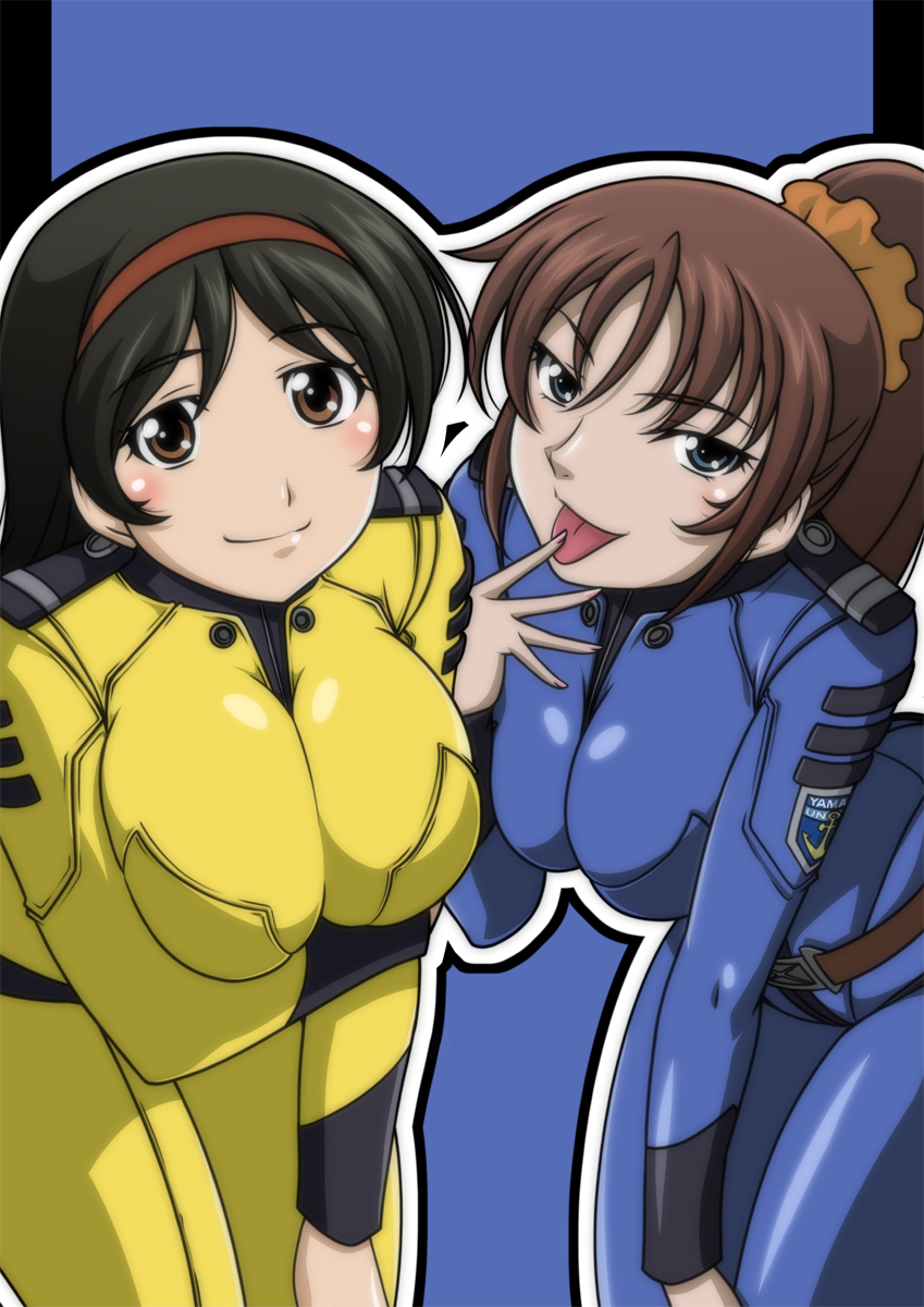 2girls, black_hair, blue_eyes, blush, bodysuit, breast_lift, breast_squeeze, breasts, brown_eyes, brown_hair, cleavage, crest, epaulettes, hairband, harada_shoutarou, highres, kiryuu_mikage, large_breasts, long_hair, military, military_uniform, multiple_girls, naughty_face, ponytail, saijou_miki, scrunchie, smile, tongue, tongue_out, uchuu_senkan_yamato, uchuu_senkan_yamato_2199, uniform