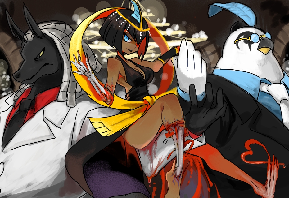 1girl, 2boys, albus_(skullgirls), animal_ears, ankh, bare_shoulders, barefoot, beak