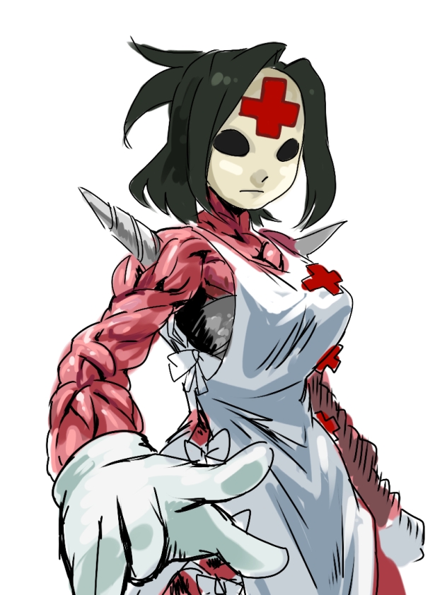1girl, black_hair, breasts, cleavage, drill, gloves, hospital_gown, ileum_(skullgirls)
