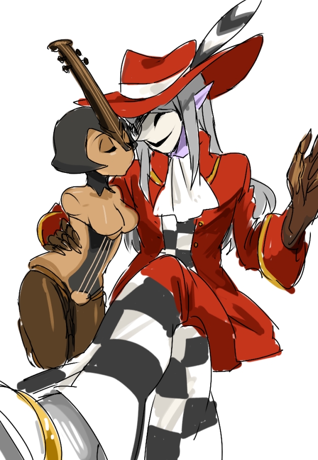 1boy, 1girl, black_hair, closed_eyes, crossed_legs, doll_joints, fedora, hat