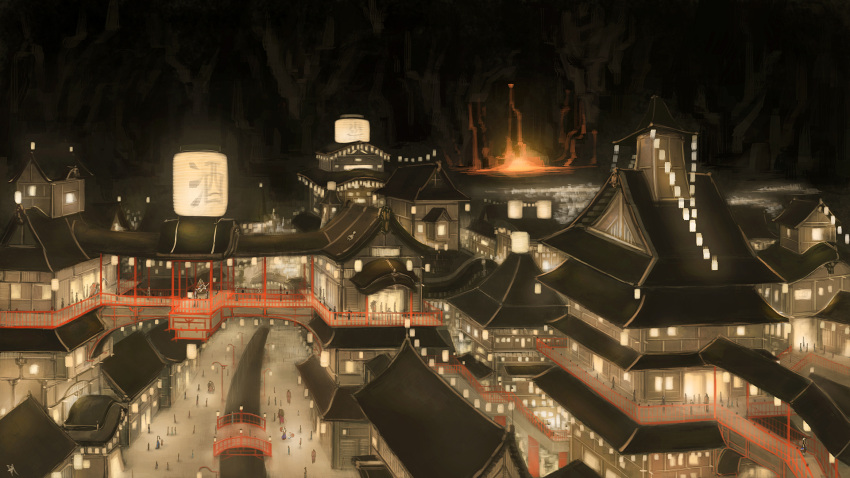 blush, city, east_asian_architecture, highres, ibuki_suika, lantern, mizuhashi_parsee, molten_rock, multiple_boys, multiple_girls, oriental_umbrella, paper_lantern, rat1989, road, scenery, skirt, street, the_ancient_city, umbrella, yakumo_yukari